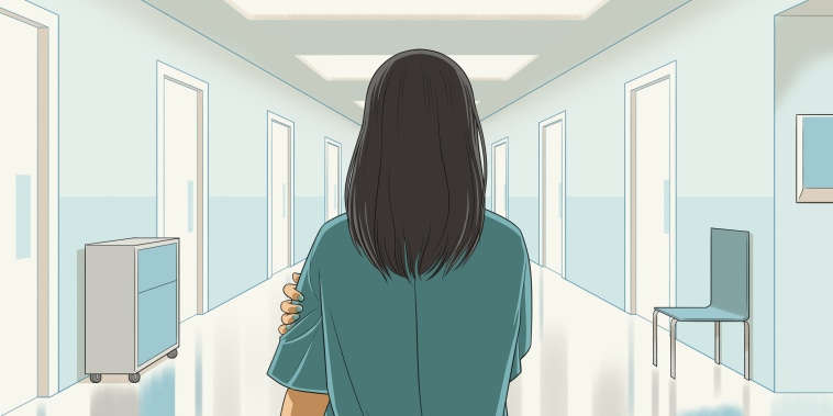 Illustration of woman standing in empty hospital hall.