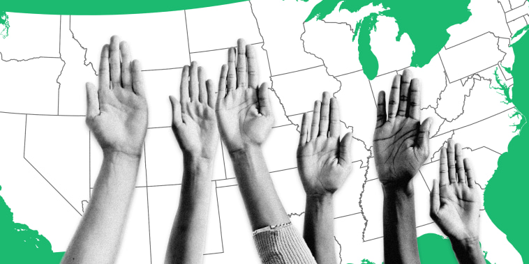 Image: Diverse raised hands against a green United States map.