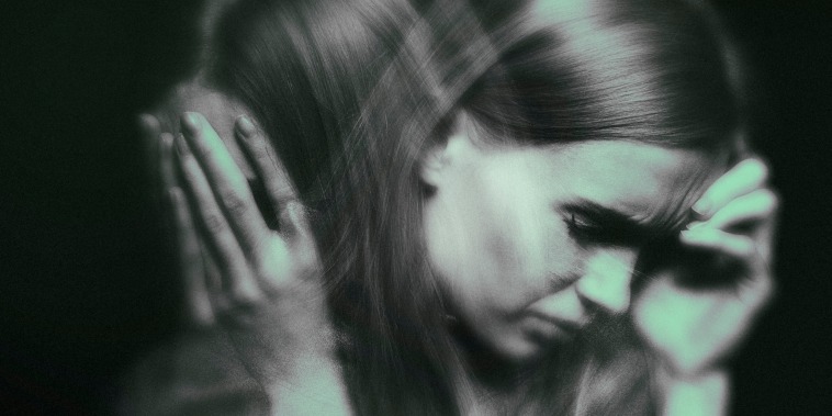Image: A double exposure of a woman, stressed, with her head in her hands and subtle green overlay.