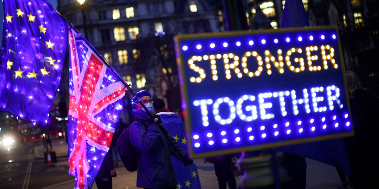 Image: Anti-Brexit protesters demonstrate outside the Houses of Parliament in London