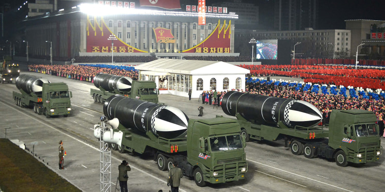 Image: Ssubmarine-launched ballistic missiles during a military parade celebrating the 8th Congress of the Workers' Party of Korea (WPK) in Pyongyang.