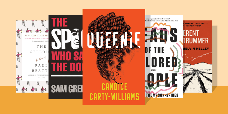 Illustration of The Spook Who Sat by the Door by Sam Greenlee, Heads of the Colored People by Nafissa Thompson-Spires, A Different Drummer by William Melvin Kelley, The Sellout by Paul Beattie, Queenie by Candice Carty-Williams
