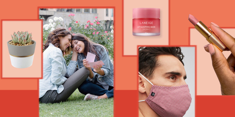 Illustration of a couple exchanging affordable Valentines day gifts with each other, a man wearing one of the Bonobos Riviera Face Mask 3-Pack, a woman holding lipstick, a Laneige Lip Sleeping Mask and a Costa Farms Succulents plant