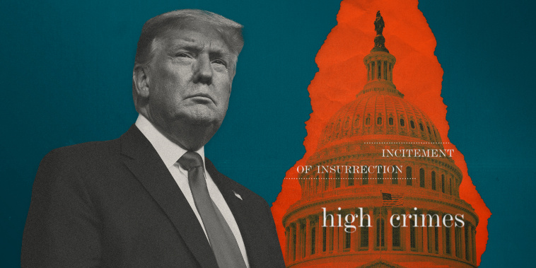 Image: Illustration shows former President Donald Trump on a teal background with a red paper tear showing the Capitol and words like \"insurrection\" and \"high crimes.\"