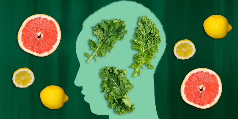 Illustration of woman's profile with fruits and veggies inside