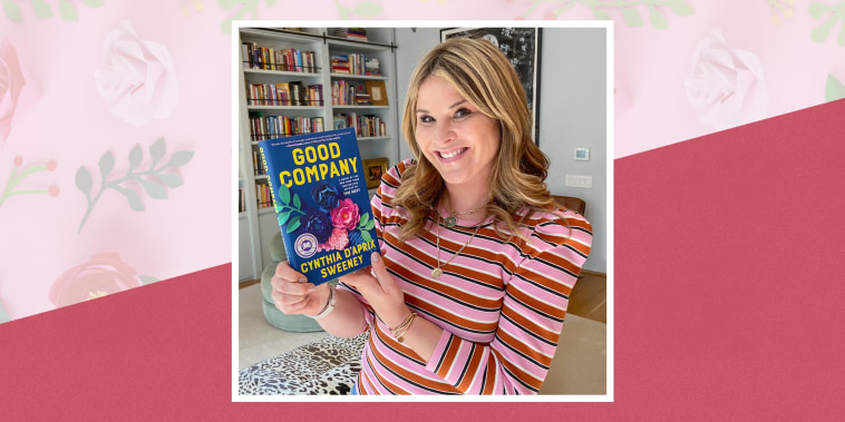 Illustration of Jenna Bush Hager holding her April Read With Jenna book pick "Good Company" by Cynthia D'Aprix Sweeney