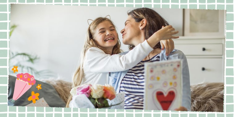 Illustration of a little girl hugging her mom and giving her a card and flowers for Mother's Day