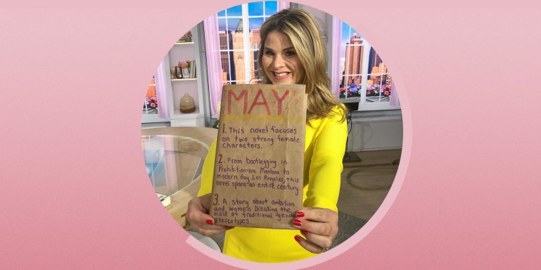 Illustration of Jenna Bush Hager holding up a book wrapped in brown paper, with clue's on it