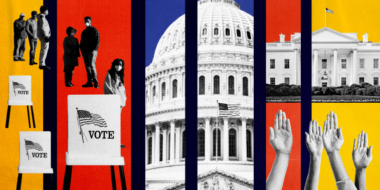 Image: Illustration of photos depicting voters on line, voting booths, the Capitol, the White House and raised hands.