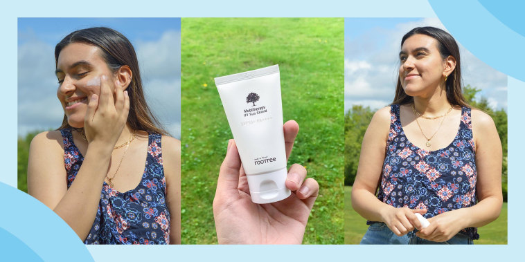Three images of Sunah Syed wearing roottree sunscreen