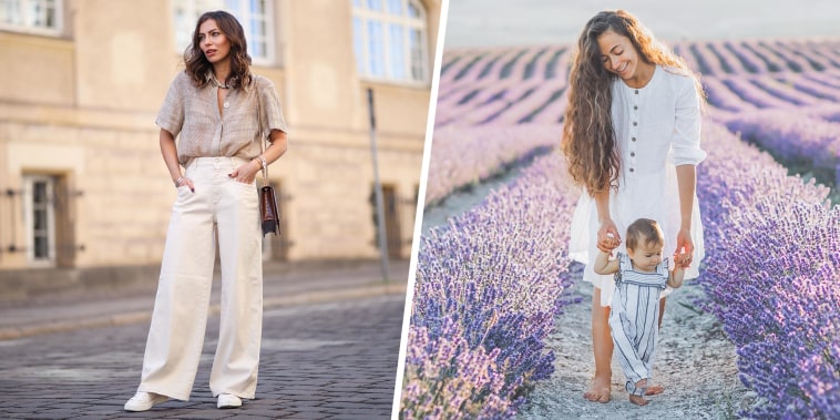 Split image of a Mom and baby daughter having fun laughing and walking in lavender field and a Woman wearing a linen yellow shirt