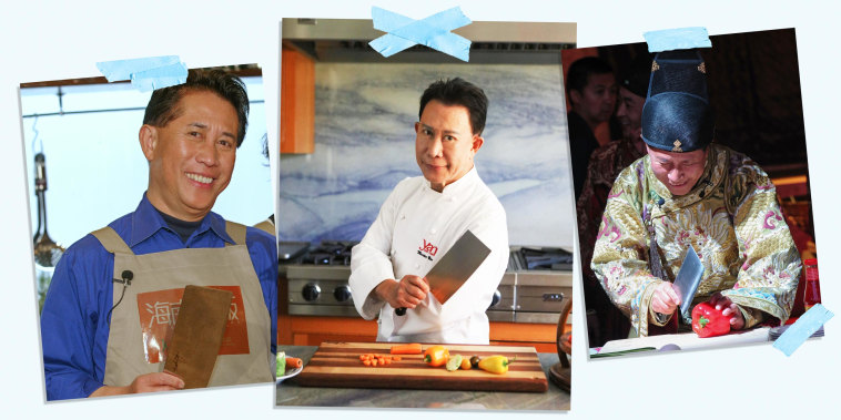 Three Images of Chef Martin Yan holding a butcher knife