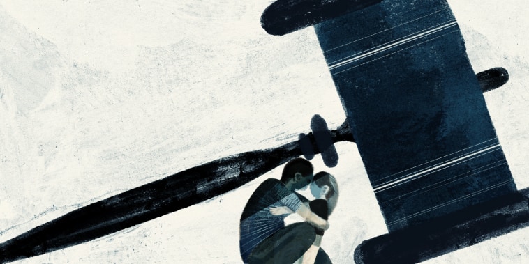 Illustration of a parent hugging their child hiding under a giant gavel.