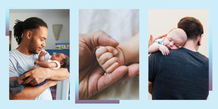 Illustration of two dads holding their newborn children and a dads hand holding a baby hand