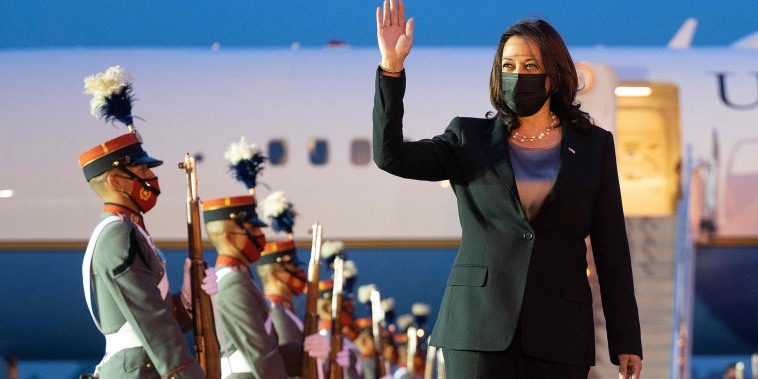 Image: Vice President Kamala Harris waves upon arrival at the Aeropuerto Internacional La Aurora in Guatemala City