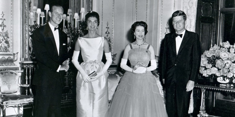 President John F. Kennedy and his wife, first lady Jacqueline Kennedy, with Queen Elizabeth II  and her husband, Prince Philip, Duke of Edinburgh, ttend a banquet at Buckingham Palace in London, United Kingdom, June 15, 1961.