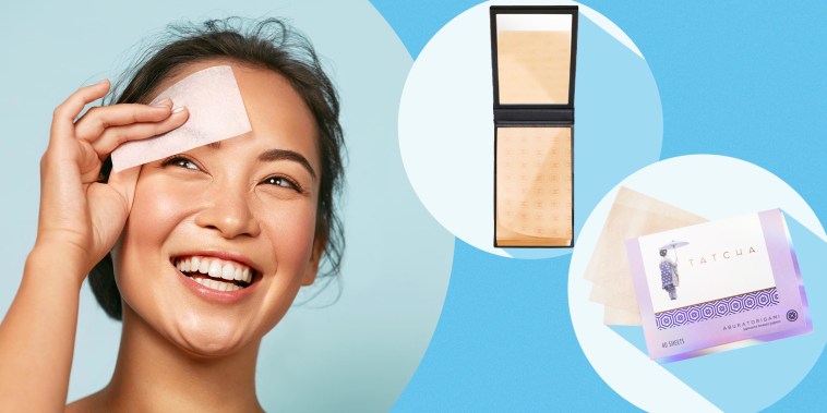 Smiling woman using oil blotting paper, Tatcha Aburatorigami Japanese Blotting Papers and Chanel Paper Matifiant de Chanel