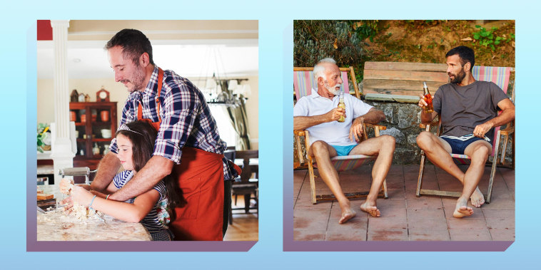 Father and daughter kneading pasta dough on kitchen island and Senior man and mid adult man relaxing by the pool in back yard by the swimming pool. Sitting in lounge chairs and drinking beer.