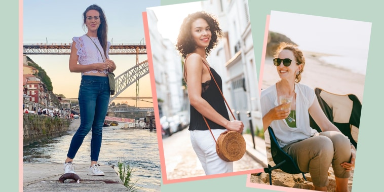 Illustration of a Woman enjoying beach campsite at sunset, Katie Jackson wearing Levi Jeans, and a Woman walking around town wearing a brown bag on her side