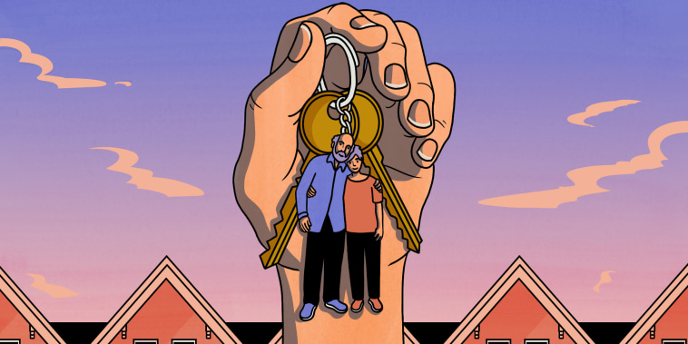 Illustration of a hand holding house keys with a keychain of their mother and father near a row of homes.