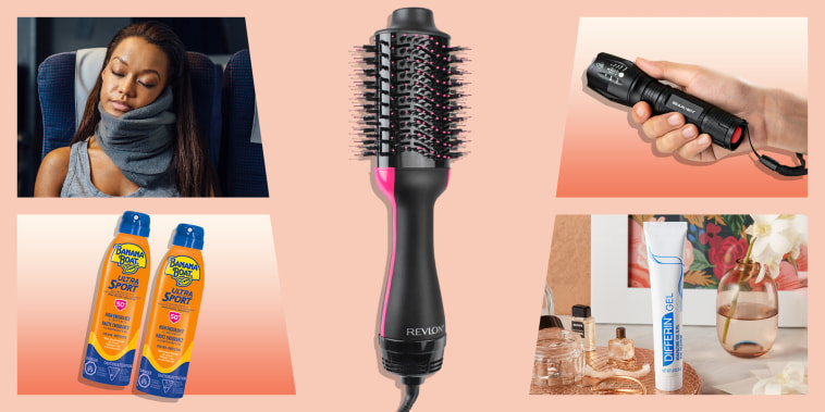 Illustration of Banana Boat Ultra Sport Performance Sunscreen Spray, lifestyle of Differin Gel Adapalene Gel,  Revlon One-Step Hair Dryer and Volumizer, Woman using the Trtl Original Pillow and a hand holding GearLight LED Tactical Flashlight