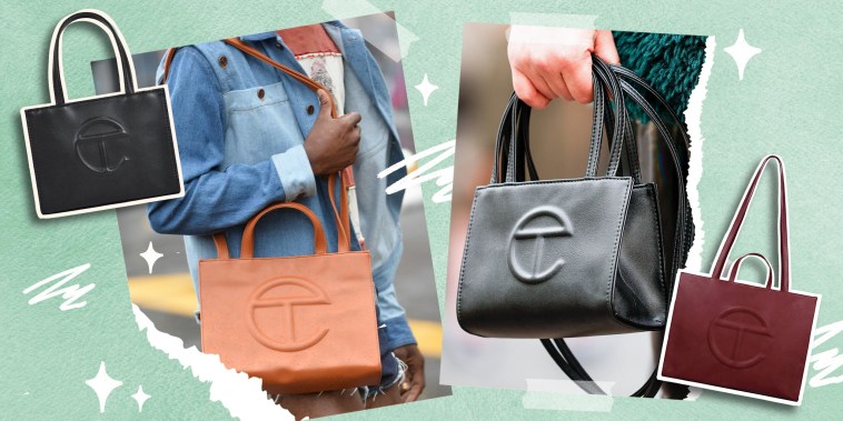 Illustration of two people holding a Telfar bag and two images of the Telfar bags in different colors and sizes