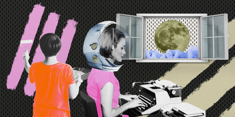 Illustration of woman in home office wearing a space helmet and the moon in the background