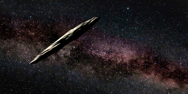 Image: Artist's interpretation of 'Oumuamua' as it approaches our Solar System. The object rotates approximately once every 7.4 hours based on the data used in this research.