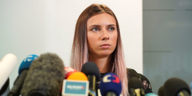 Image: Belarusian sprinter Krystsina Tsimanouskaya attends a news conference in Warsaw