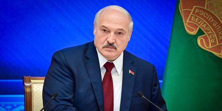 Image: Belarusian President Alexander Lukashenko speaks during an annual press conference in Minsk, Belarus, on Aug. 9, 2021.