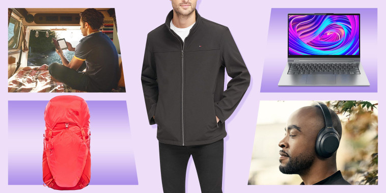 Illustration of a Man wearing Tommy Hilfiger Softshell Classic Zip Jacket, a Man wearing Sony WH-1000XM4 Noise Canceling Headphones, The North Face backpack, the Lenovo Yoga 7i 2-in-1 Laptop and a Man in a camper van with a kindle