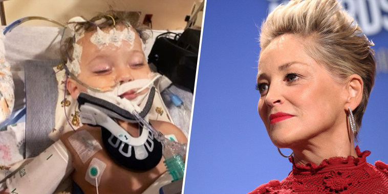 Split image of young boy in a hospital bed and Sharon Stone