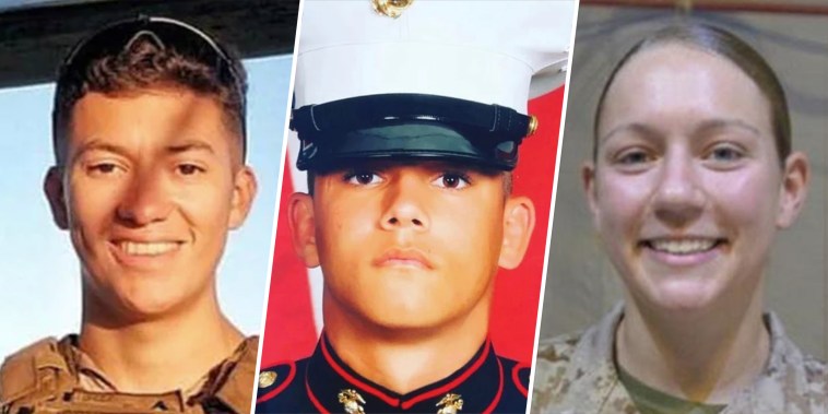 U.S. Marine Hunter Lopez, U.S. Marine Lance Corporal Kareem Nikoui and Sgt. Nicole L. Gee.