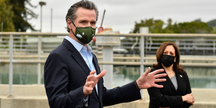 California Governor Gavin Newsom speaks alongside Vice President Kamala Harris as they tour the Upper San Leandro Water Treatment Plant on April 5, 2021 in Oakland, Calif.