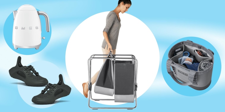 Illustration of a White Smeg kettle, new Sugar Rover Allbirds, Woman with a X-Frame Laundry Hamper and a Yeti Camino 2.0 bag filled with items