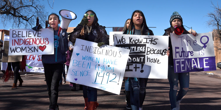 Image: Native American women march in Santa Fe, N.M., on Jan. 19, 2019.