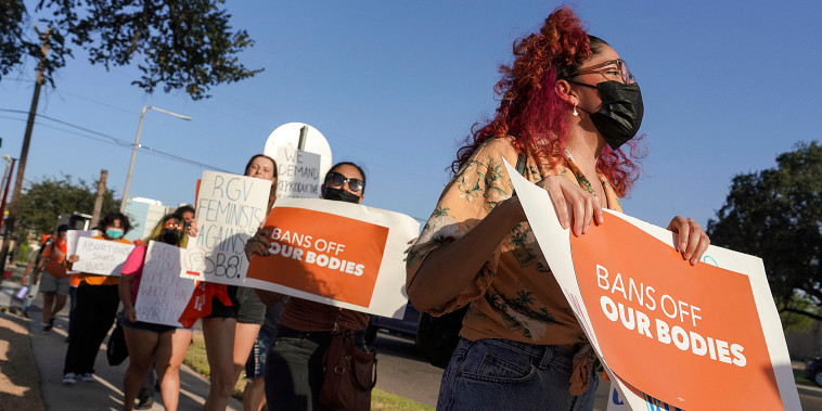 Image: Abortion rights supporters gather to protest Texas SB 8 in front of Edinburg City Hall on Sept. 1, 2021, in Edinburg, Texas.