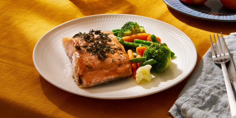 Bright food with salmon vegetables. Summer or spring sunny day or evening. Vibrant concept