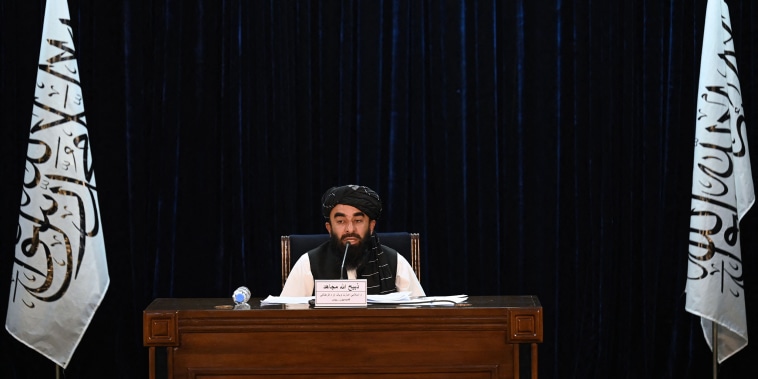 Image: Taliban spokesman Zabihullah Mujahid addresses a press conference in Kabul on Sept. 7, 2021.