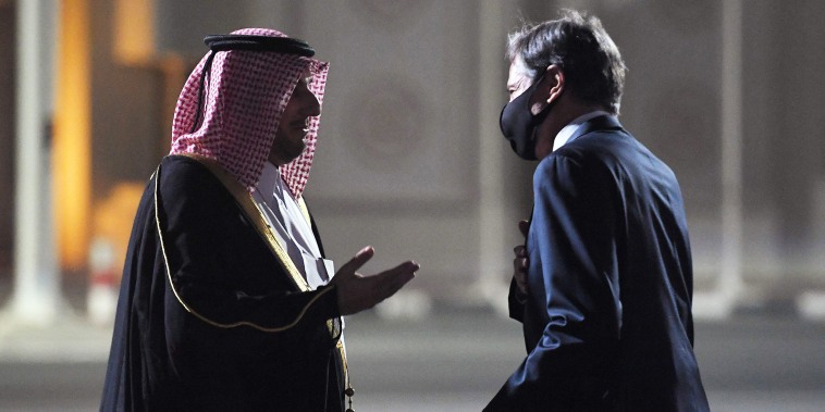 Secretary of State Antony Blinken is welcomed upon his arrival by MFA Director of Protocol Ambassador Ibrahim Fakhroo at Old Doha Airport in Qatar's capital on Sept. 6, 2021.