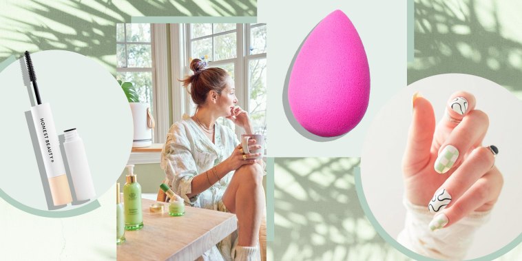 Illustration of Honest Beauty 2-in-1 Extreme Length Mascara + Lash Primer, Original Beautyblender, a hand with Chillhouse Chill Tips Press-On Manicure, and a Woman looking out the window next to her Tata Harper products