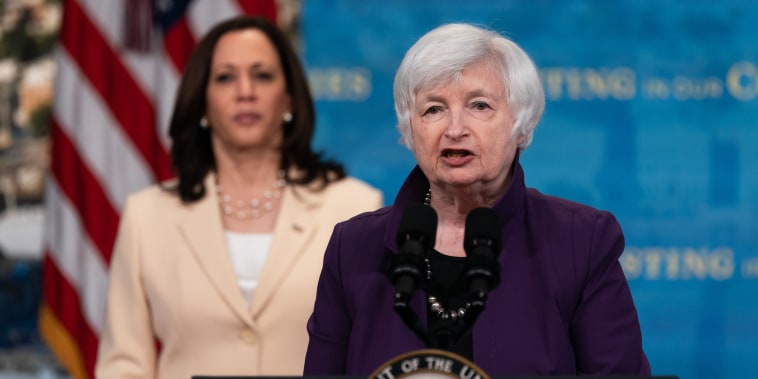 Treasury Secretary Janet Yellen speaks alongside Vice President Kamala Harris in Washington on June 15, 2021.