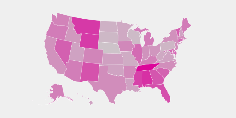 A color-coded map of child care disruptions in the U.S.