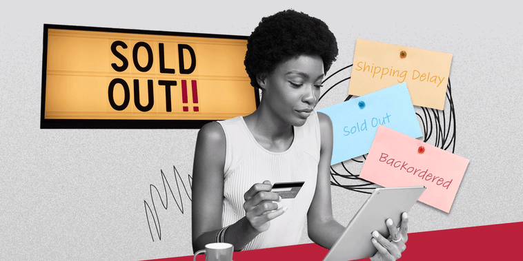Illustration of a Woman shopping on her tablet with sold out and shipping delay signs