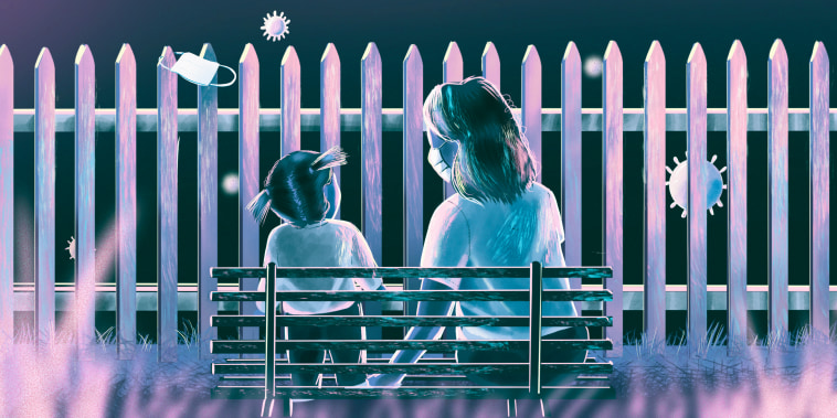 Moody illustration of woman and toddler behind a fence feeling left out of the COVID conversation