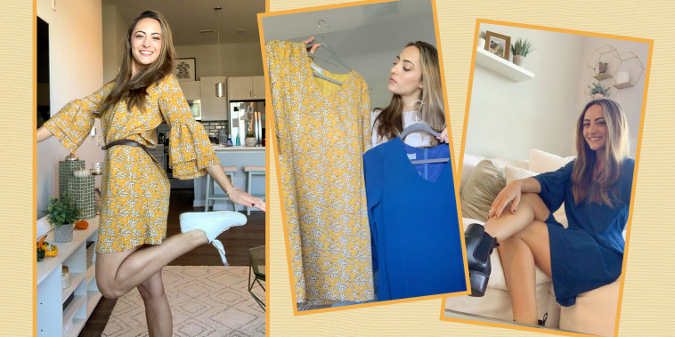 Images of Writer Danielle Murphy trying on a patterned and blue Belongsci Sweet & Cute V-Neck Bell Sleeve Shift Dress from Amazon