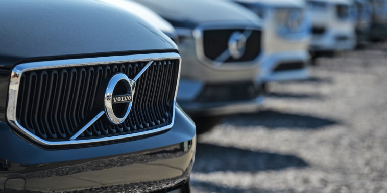 Volvo vehicles are parked outside a Volvo dealership in South Edmonton, Albert, Canada, on Aug. 24, 2021.