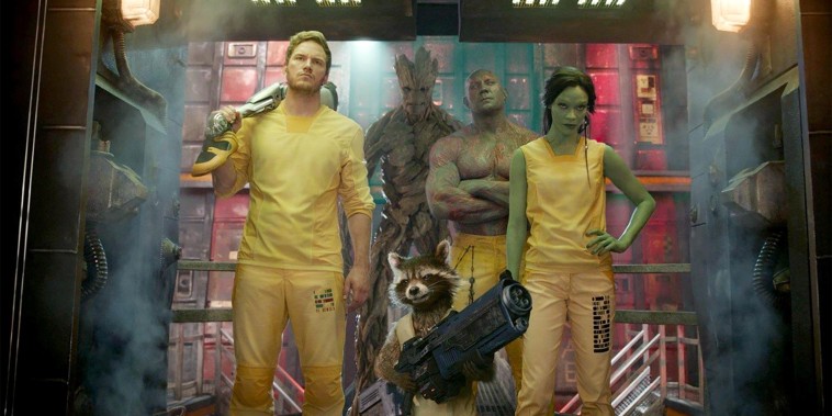 Image: Chris Pratt, Dave Bautista and Zoe Saldana in Marvel Studios' Guardians of the Galaxy, Vol 1.