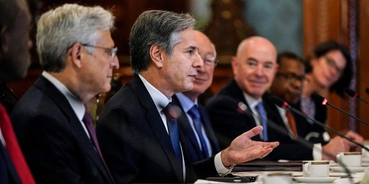 Image: U.S. Ambassador to Mexico Ken Salazar, right, attends a working breakfast between U.S. Secretary of State Antony Blinken, second left, and Mexican President Andres Manuel Lopez Obrador at the National Palace in Mexico City, on Oct. 8, 2021.