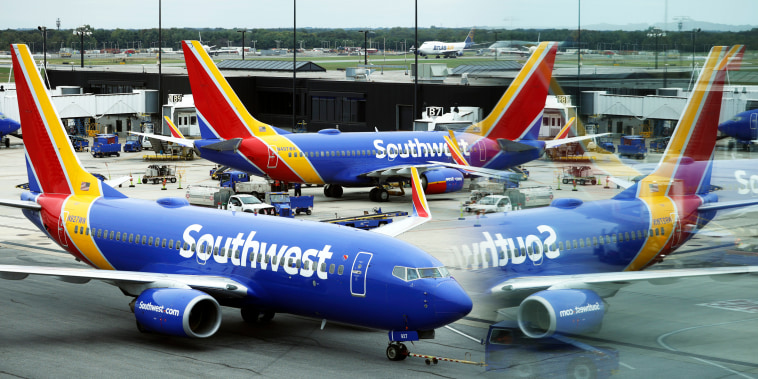 A Southwest Airlines airplane taxies from a gate at Baltimore Washington International Thurgood Marshall Airport on Oct. 11, 2021, in Baltimore.